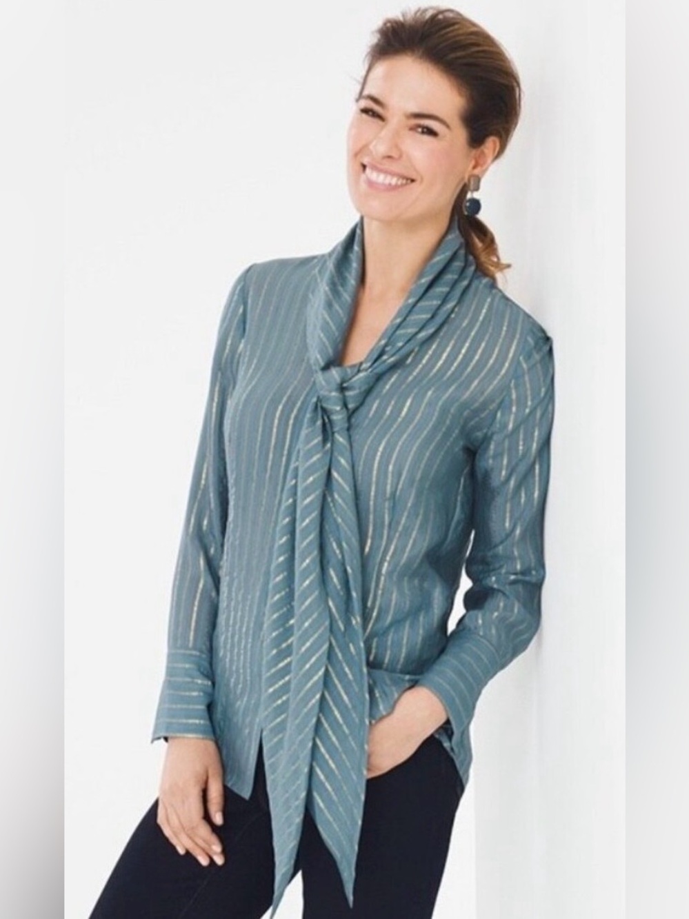 Chico's Black Label Teal Metallic-Striped Tie-Front Blouse 3 XL
